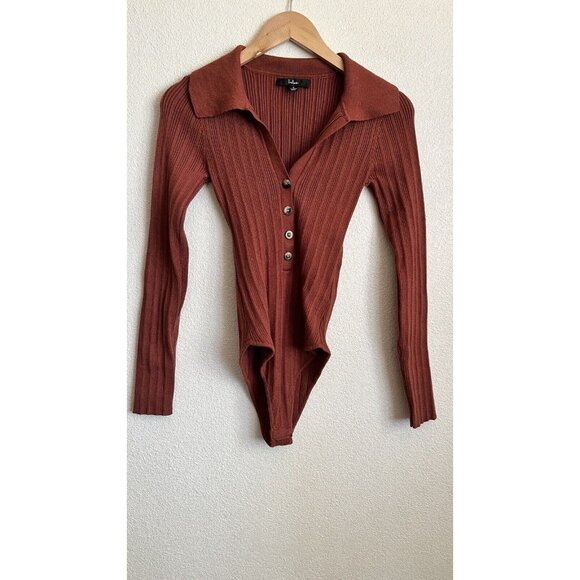 Lulu's Timeless Design Rust Brown Ribbed Button-Up Long Sleeve Bodysuit Size L - Picture 4 of 7